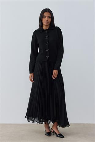 Evelina Fiyonk Detaylı Yün Karışımlı Triko Hırka- Siyah