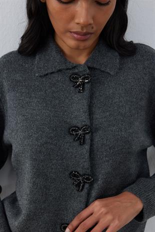 Evelina Fiyonk Detaylı Yün Karışımlı Triko Hırka-Antrasit 