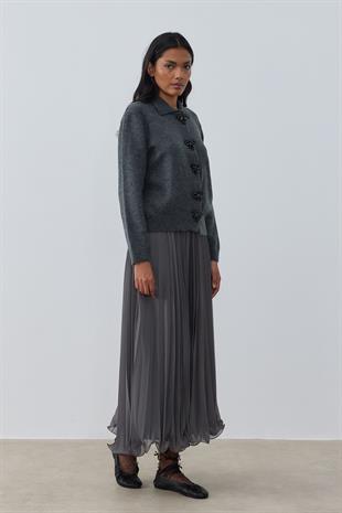 Evelina Fiyonk Detaylı Yün Karışımlı Triko Hırka-Antrasit 