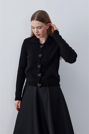 Evelina Fiyonk Detaylı Yün Karışımlı Triko Hırka- Siyah