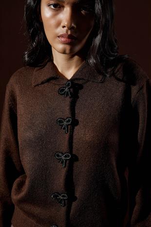 Evelina Fiyonk Detaylı Yün Karışımlı Triko Hırka- Acı kahve