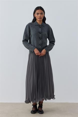 Evelina Fiyonk Detaylı Yün Karışımlı Triko Hırka-Antrasit 