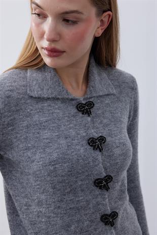 Evelina Fiyonk Detaylı Yün Karışımlı Triko Hırka- Gri 