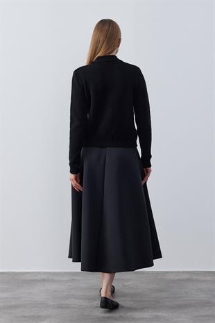 Evelina Fiyonk Detaylı Yün Karışımlı Triko Hırka- Siyah