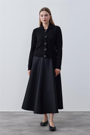 Evelina Fiyonk Detaylı Yün Karışımlı Triko Hırka- Siyah