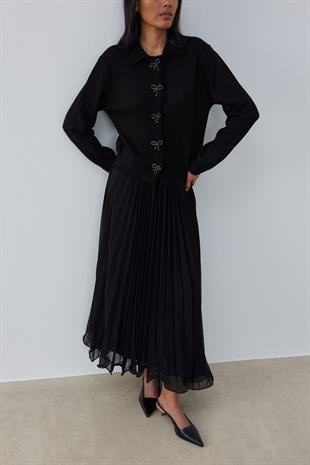 Evelina Fiyonk Detaylı Yün Karışımlı Triko Hırka- Siyah