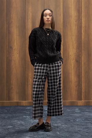 Fancy Nervürlü Ekose Pantolon - Siyah