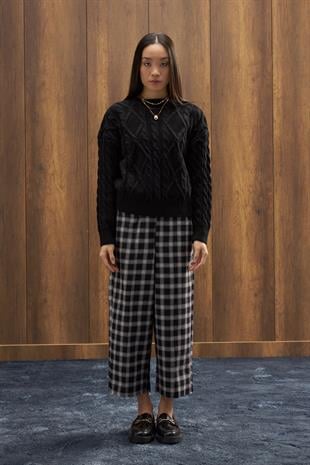 Fancy Nervürlü Ekose Pantolon - Siyah