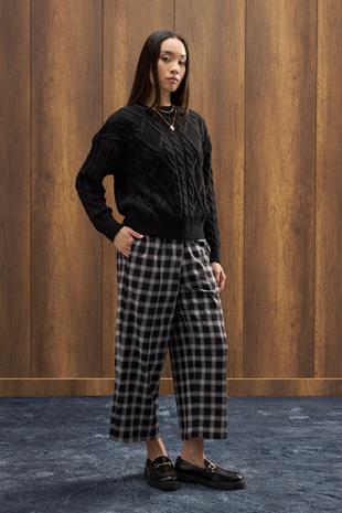 Fancy Nervürlü Ekose Pantolon - Siyah