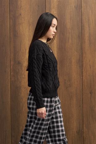 Fancy Nervürlü Ekose Pantolon - Siyah