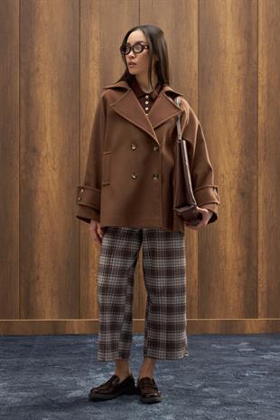 Fancy Nervürlü Ekose Pantolon - Vizon 