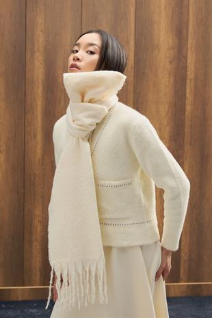 Farsha Püsküllü Yün Atkı - Ekru 