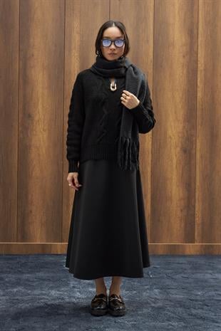 Farsha Püsküllü Yün Atkı - Siyah 