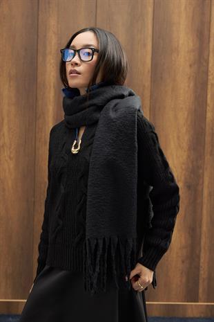 Farsha Püsküllü Yün Atkı - Siyah 