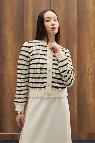 Felix Kontrast Düğmeli Hırka - Bej 