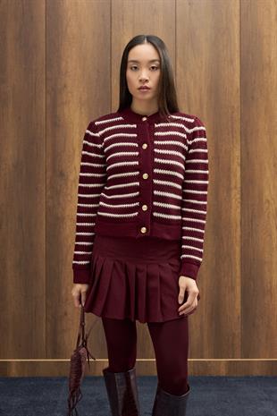 Felix Kontrast Düğmeli Hırka - Bordo