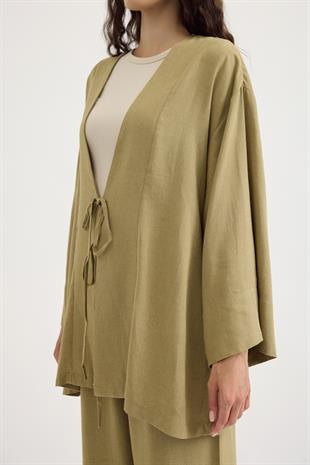 Ferah Bağlamalı Keten Karışımlı Takım - Yağ Yeşil