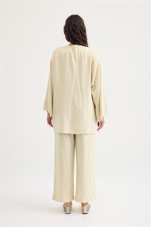 Ferah Bağlamalı Keten Karışımlı Takım - Sarı