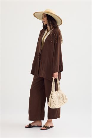 Ferah Bağlamalı Keten Karışımlı Takım - Acı kahve