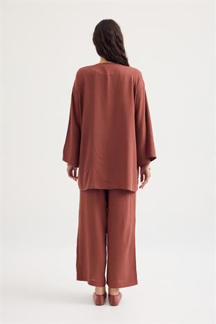 Ferah Bağlamalı Keten Karışımlı Takım - Bakır