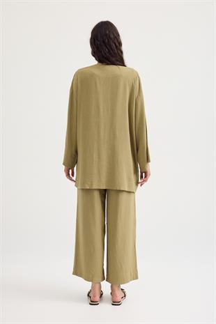 Ferah Bağlamalı Keten Karışımlı Takım - Yağ Yeşil