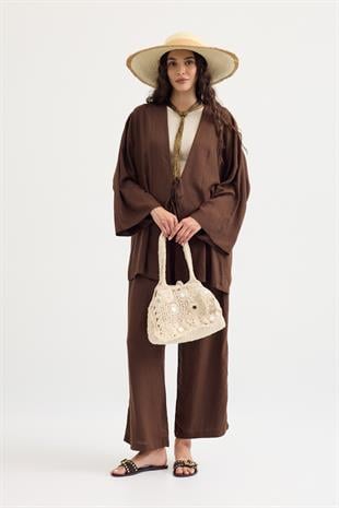 Ferah Bağlamalı Keten Karışımlı Takım - Acı kahve