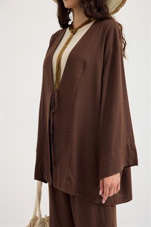Ferah Bağlamalı Keten Karışımlı Takım - Acı kahve