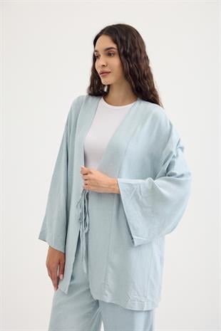 Ferah Bağlamalı Keten Karışımlı Takım - Turkuaz