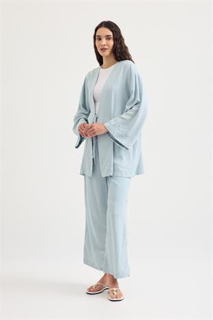 Ferah Bağlamalı Keten Karışımlı Takım - Turkuaz