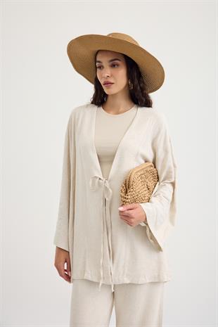 Ferah Bağlamalı Keten Karışımlı Takım - Naturel