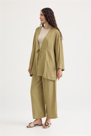 Ferah Bağlamalı Keten Karışımlı Takım - Yağ Yeşil