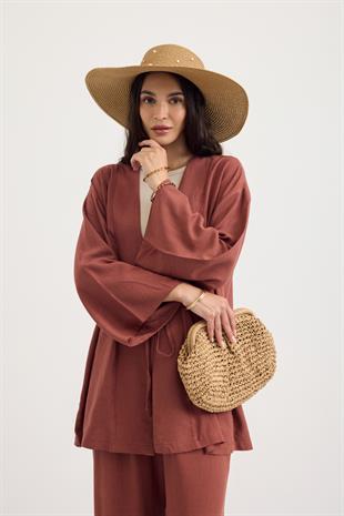 Ferah Bağlamalı Keten Karışımlı Takım - Bakır