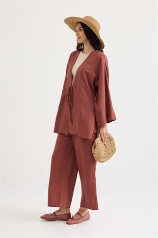 Ferah Bağlamalı Keten Karışımlı Takım - Bakır