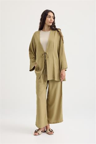 Ferah Bağlamalı Keten Karışımlı Takım - Yağ Yeşil