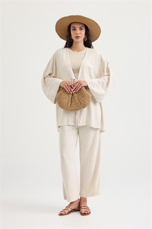 Ferah Bağlamalı Keten Karışımlı Takım - Naturel