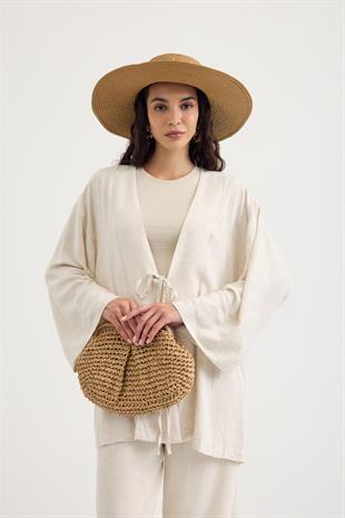 Ferah Bağlamalı Keten Karışımlı Takım - Naturel