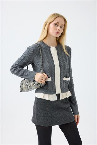 Fleur Saç Örgülü Mix Triko Ceket  - Antrasit 