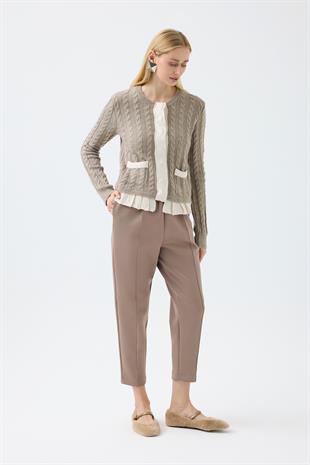 Fleur Saç Örgülü Mix Triko Hırka - Vizon 