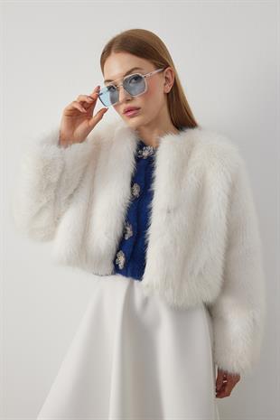 Flora Kürk Ceket - Beyaz