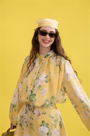Flower Desenli Nakışlı Takım - Sarı