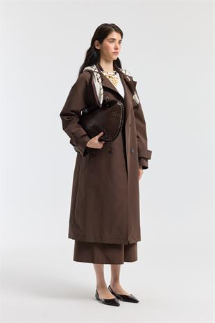Fular Detaylı Trençkot - Kahverengi