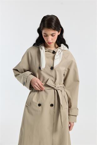 Fular Detaylı Trençkot - Taş