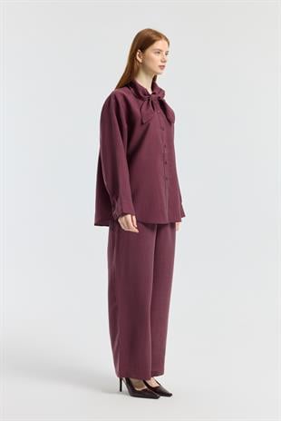 Liana Fularlı Modal Gömlek - Mürdüm