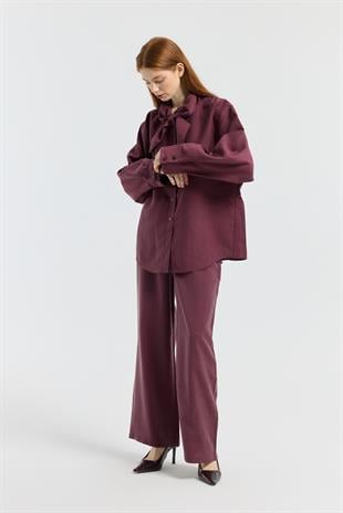 Liana Fularlı Modal Gömlek - Mürdüm