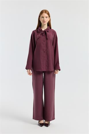 Liana Fularlı Modal Gömlek - Mürdüm