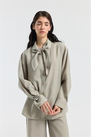 Liana Fularlı Modal Gömlek - Vizon