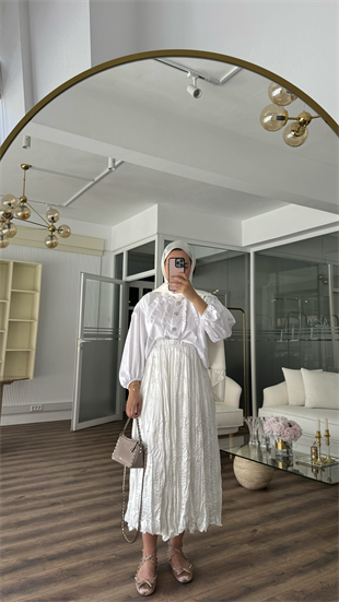 Galia Kraş Saten Etek - Beyaz