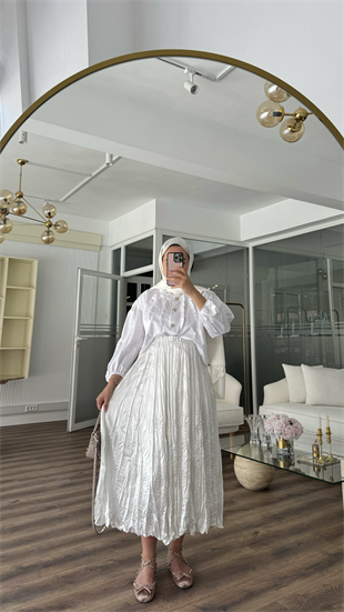 Galia Kraş Saten Etek - Beyaz