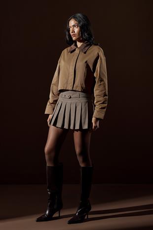 Genova Kadife Yakalı Gabardin Ceket- Haki