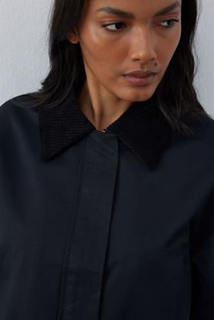 Genova Kadife Yakalı Gabardin Ceket- Lacivert